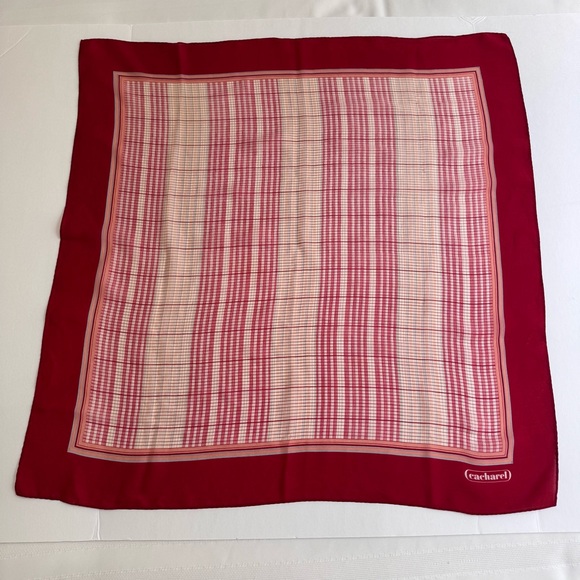Vintage Cacharel Plaid Silk-Feel Scarf 26x26 Red Cream Multicolor - Picture 3 of 14